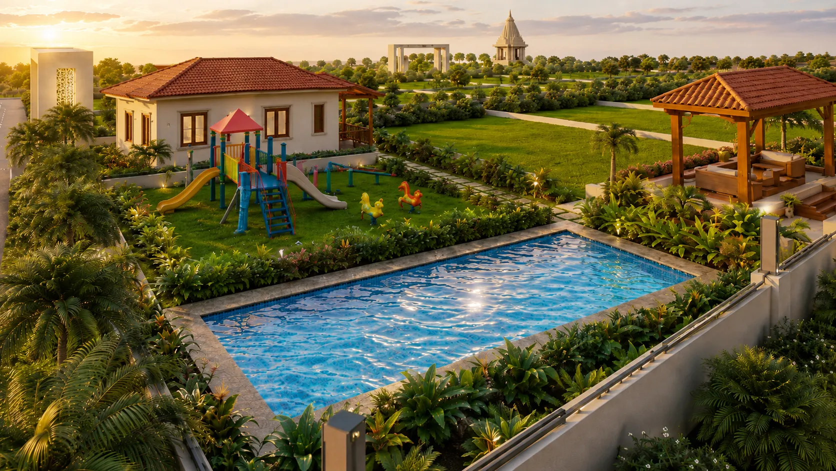 Swimming Pool & House rendering at Vara Farm Haven